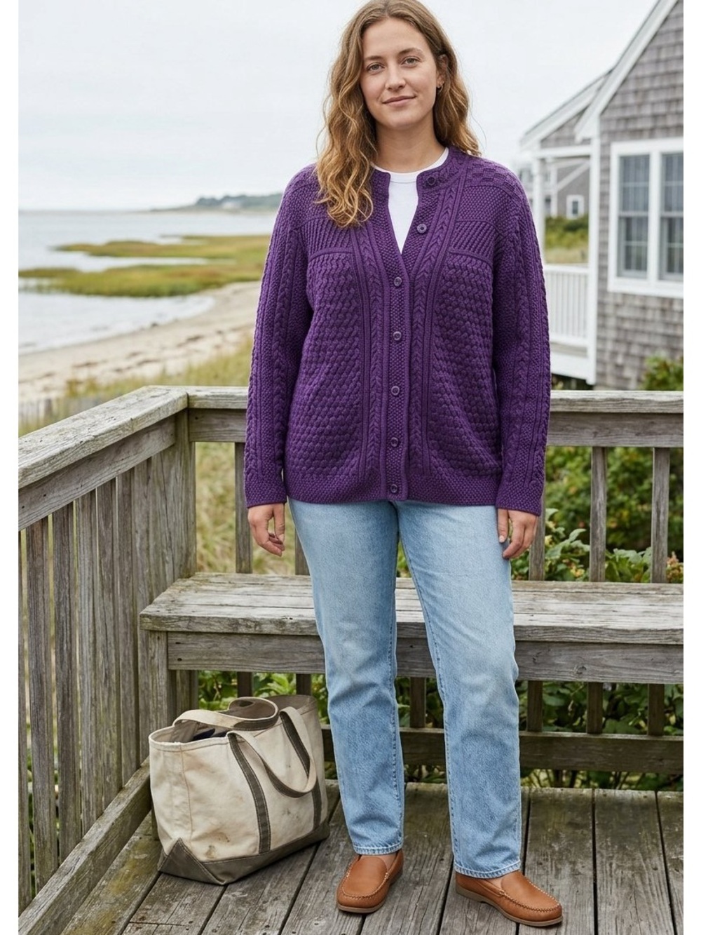 L.L. Bean Purple Cotton Cardigan Sweater Size 1X 90s Americana Coastal Grandma